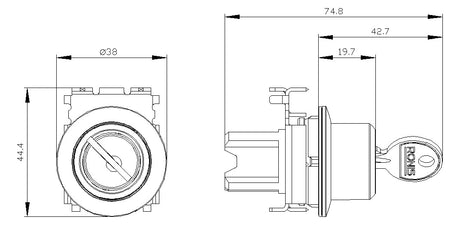 SIEMENS Schlüsselschalter 2stuf rechteck 3SU1060-4LF21-0AA0  30mm 38x42,5mm