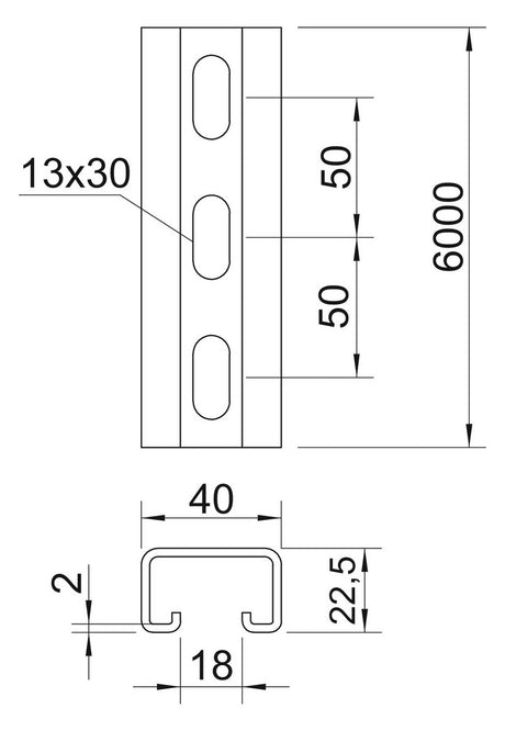BETTERMANN C-Profilschiene ST 18mm D2mm MS4022P6000FT 6000x40x22,5mm Rück_gel