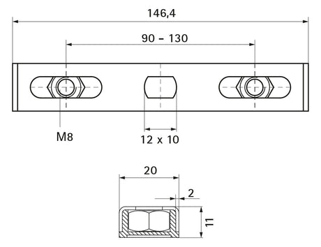 WALRAVEN Duplo Montageplatte ev/PP weiß 146,4x20x11,0 - 2x M8 Abst.: 90-130 mm