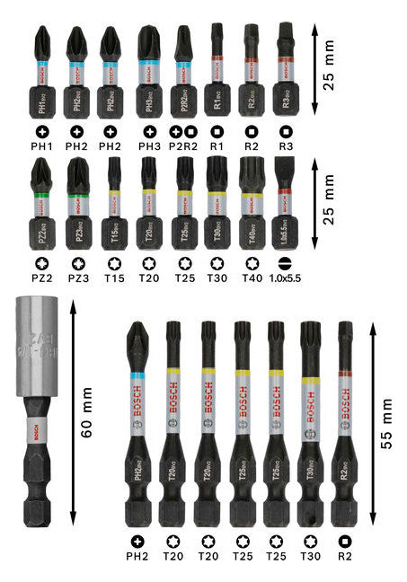 BOSCH-EW Bit-Set 24St Magnethalter 5xPH SCHRAUBERBIT-SA 2xPZ 10xTX 1xSchlitz