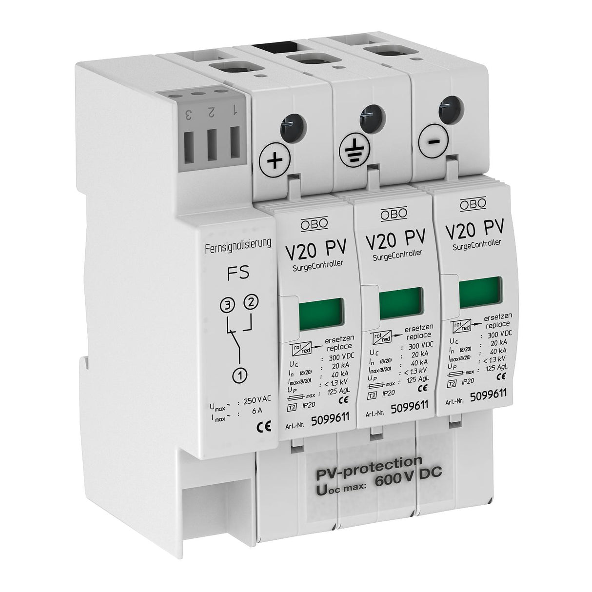 BETTERMANN Überspannungsableiter 600VDC V20-C 3PHFS-600 DCNetzform- 2,6kV 4TE
