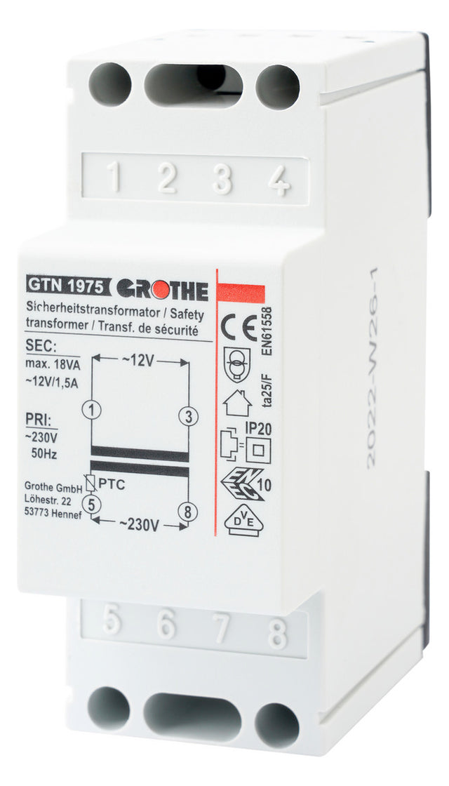 GROTHE Sicherheitstrafo 230V 12V 1,5A GTN 1975 REG 2TE