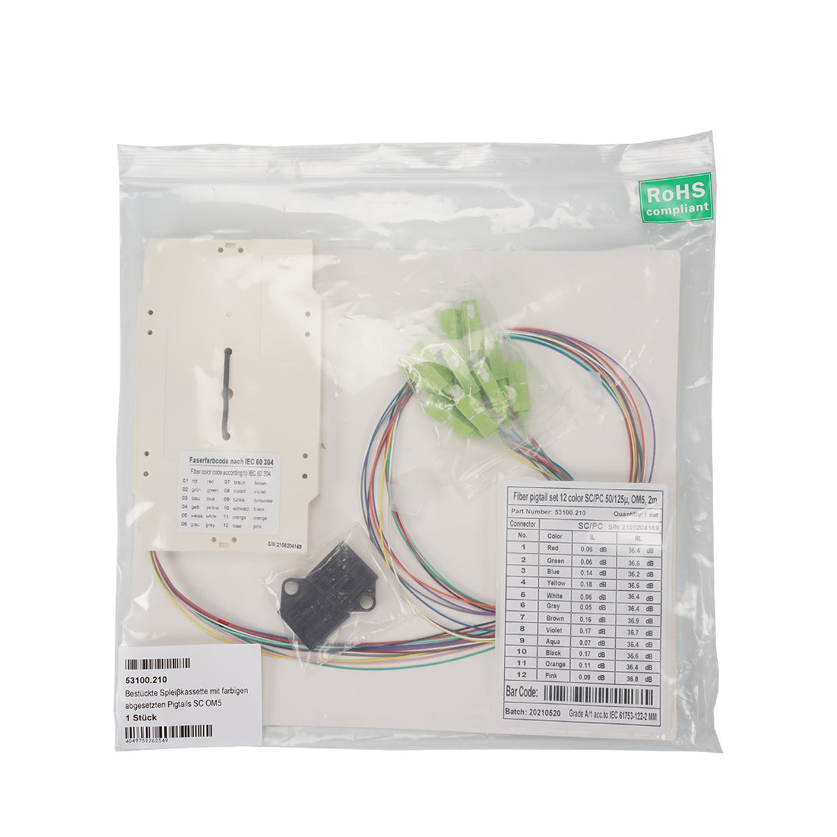 Bestückte Spleißkassette mit farbigen abgesetzten Pigtails SC OM5 - 53100.210