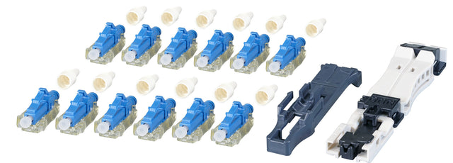 12er Set feldkonfektionierbare LC Steckverbinder OM3 aqua, mit Faserhalter Packung
