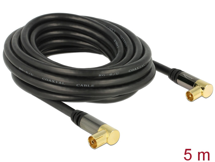 Delock Antennenkabel IEC Stecker gewinkelt > IEC Buchse gewinkelt RG-6/U 5 m schwarz