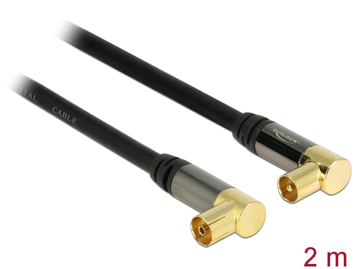 Delock Antennenkabel IEC Stecker gewinkelt > IEC Buchse gewinkelt RG-6/U 2 m schwarz