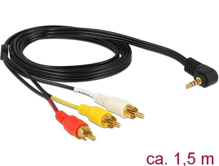 Delock Kabel Klinke 3,5 mm 4 Pin Stecker gewinkelt > 3 x Cinchstecker 1,5 m