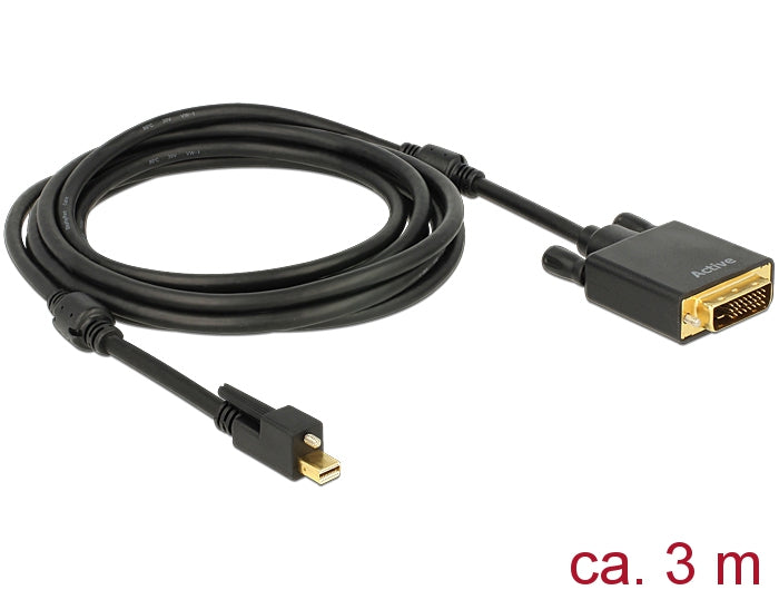Delock Kabel mini DisplayPort 1.2 Stecker mit Schraube > DVI Stecker 4K Aktiv schwarz 3 m