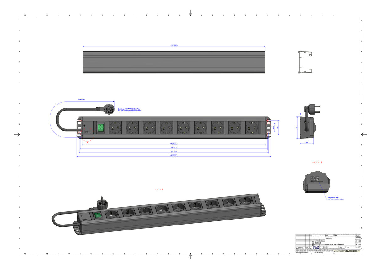 BACHMANN Steckdosenleiste 9f gr 2m 90° 300.004 m.Ein/Aus IP20 1,5qmm