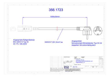 BACHMANN Netzanschlussleitung 1,5m 10A 356.1723 3x1,5qmm sw IP20 PVC