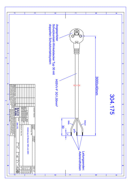 BACHMANN Netzanschlussleitung 3m 3x1qmm 304.175 16A sw IP20 Aderendh 0-70°C PVC