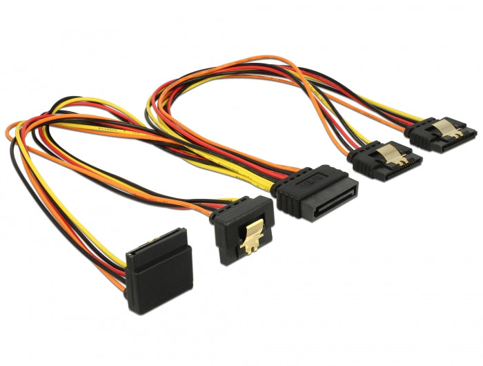 Delock Kabel SATA 15 Pin Strom Stecker mit Einrastfunktion > SATA 15 Pin Strom Buchse 2 x gerade / 1 x unten / 1 x oben 30 cm