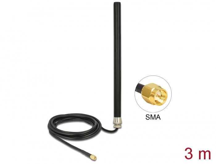 Delock LTE UMTS GSM Antenne SMA Stecker 3 dBi omnidirektional starr mit Anschlusskabel RG-58, 3 m Wandmontage outdoor schwarz