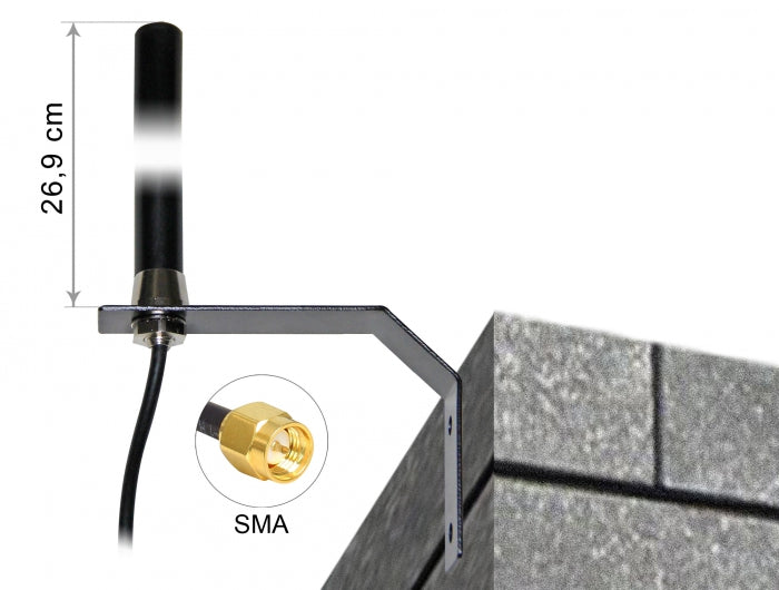 Delock LTE UMTS GSM Antenne SMA Stecker 3 dBi omnidirektional starr mit Anschlusskabel RG-58, 3 m Wandmontage outdoor schwarz
