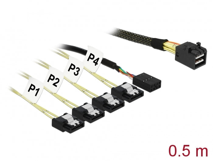 Delock Kabel Mini SAS SFF-8643 > 4 x SATA 7 Pin + Sideband 0,5 m Metall