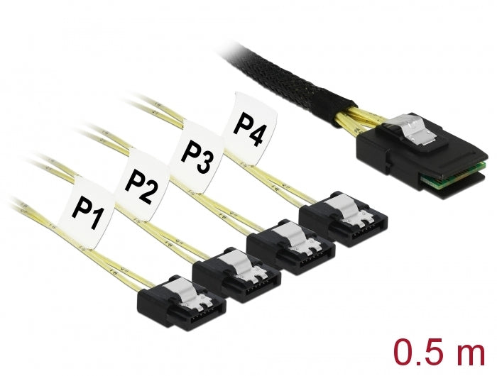 Delock Kabel Mini SAS SFF-8087 > 4 x SATA 7 Pin 0,5 m Metall