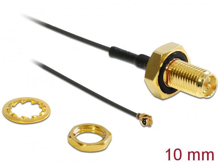 Delock Antennenkabel RP-SMA Buchse zum Einbau zu I-PEX Inc., MHF® I Stecker 1.13 10 cm Gewindelänge 10 mm spritzwassergeschützt