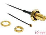 Delock Antennenkabel RP-SMA Buchse zum Einbau zu I-PEX Inc., MHF® I Stecker 1.13 10 cm Gewindelänge 10 mm spritzwassergeschützt