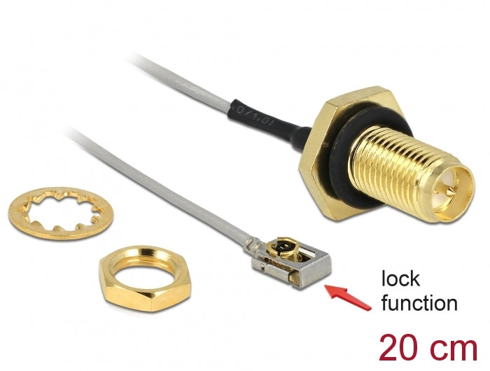 Delock Antennenkabel RP-SMA Buchse zum Einbau zu I-PEX Inc., MHF® I LK Stecker 1.13 20 cm Gewindelänge 10 mm spritzwassergeschützt