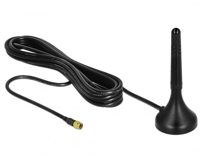 Delock LTE Antenne SMA Stecker 1 - 2 dBi starr omnidirektional mit magnetischem Standfuß und Anschlusskabel RG-174 A/U 3 m outdoor schwarz