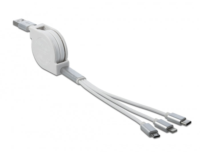 Delock USB Typ-A 3 in 1 Aufrollladekabel für Lightning™ / Micro USB / USB Type-C™ weiß