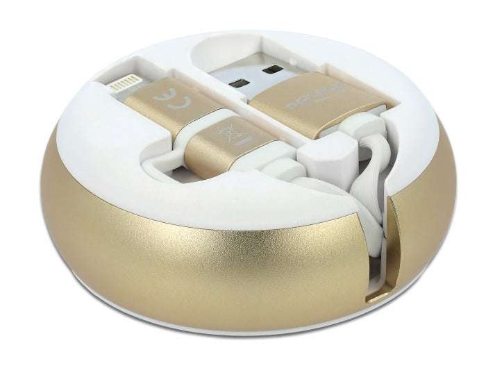 Delock USB 2 in 1 Aufrollkabel Typ-A zu Micro-B und Lightning™ weiß / gold