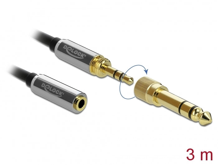 Delock Klinkenverlängerungskabel 3,5 mm 3 Pin Stecker zu Buchse mit 6,35 mm Schraubadapter 3 m