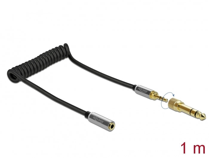 Delock Spiralkabel Verlängerung 3,5 mm 3 Pin Klinkenstecker zu Klinkenbuchse mit 6,35 mm Schraubadapter 1 m