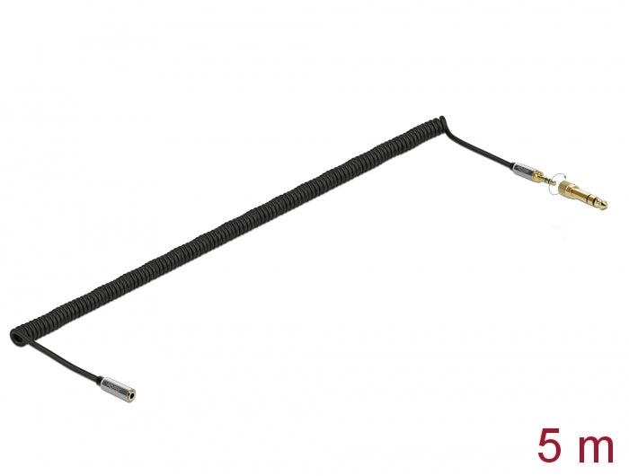 Delock Spiralkabel Verlängerung 3,5 mm 3 Pin Klinkenstecker zu Klinkenbuchse mit 6,35 mm Schraubadapter 5 m