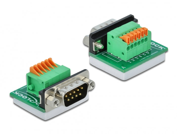Delock D-Sub9 Stecker zu Terminalblock mit Drucktaster horizontal