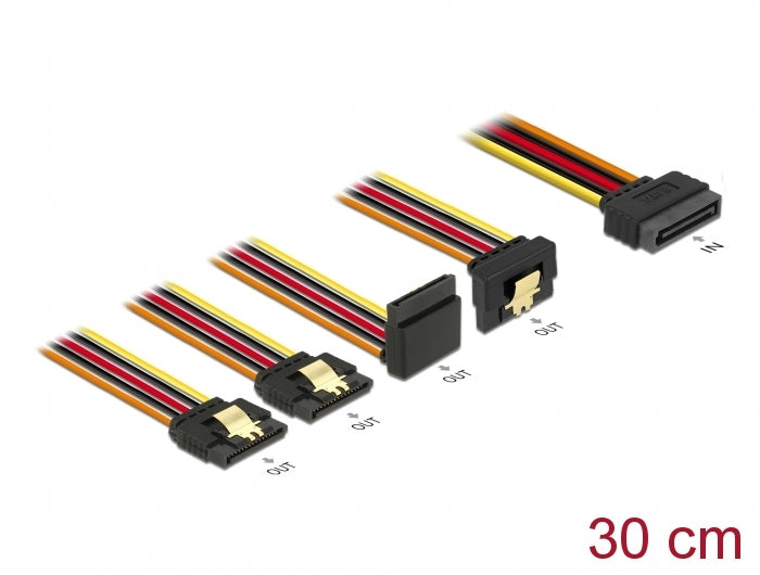 Delock Kabel SATA 15 Pin Strom Stecker mit Einrastfunktion > SATA 15 Pin Strom Buchse 2 x gerade / 1 x unten / 1 x oben 30 cm