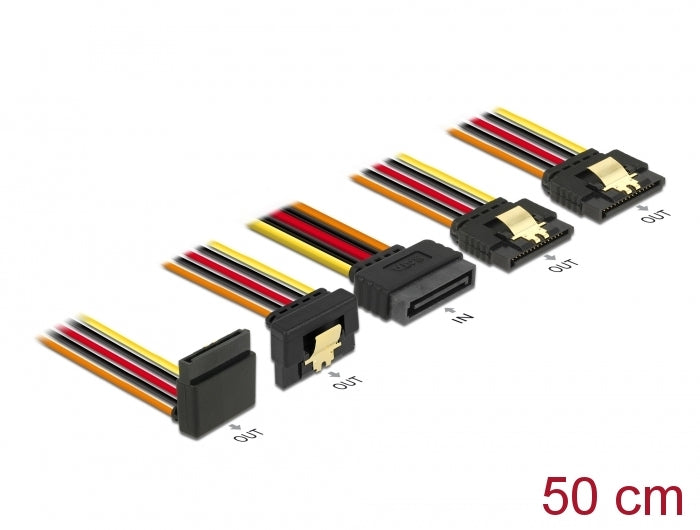 Delock Kabel SATA 15 Pin Strom Stecker mit Einrastfunktion > SATA 15 Pin Strom Buchse 2 x gerade / 1 x unten / 1 x oben 50 cm