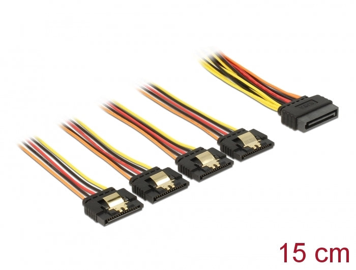 Delock Kabel SATA 15 Pin Strom Stecker mit Einrastfunktion > SATA 15 Pin Strom Buchse 4 x gerade 15 cm