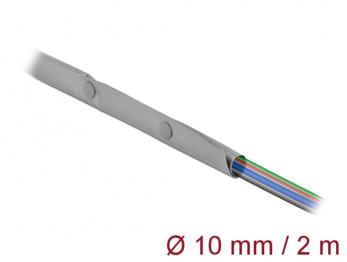 Delock Kabelschutzschlauch mit Knopfverschluss hitzebeständig 2 m x 10 mm grau / schwarz