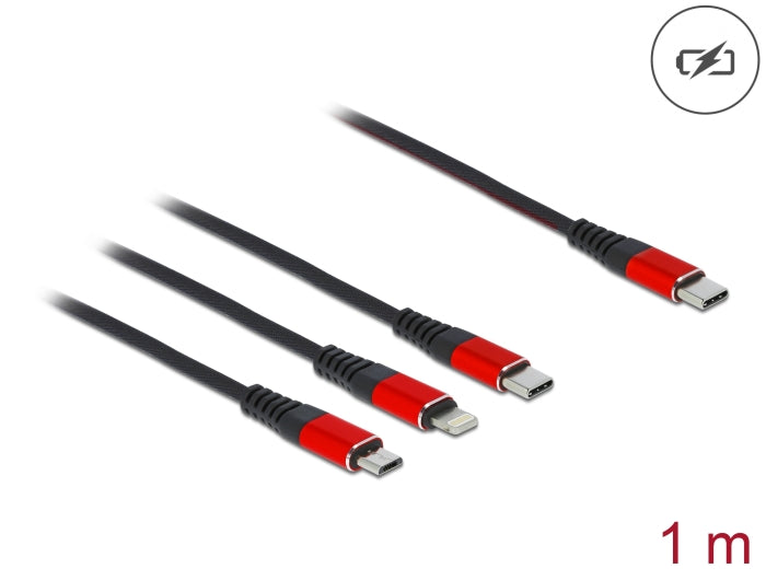 Delock USB Ladekabel 3 in 1 USB Type-C™ zu Lightning™ / Micro USB / USB Type-C™ 1 m schwarz / rot