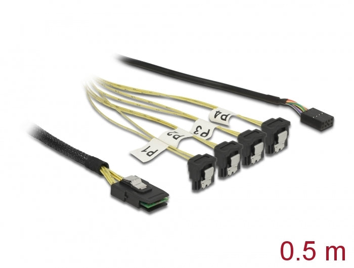 Delock Kabel Mini SAS SFF-8087 > 4 x SATA 7 Pin gewinkelt + Sideband 0,5 m