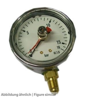 Manometer 63mm, 0/15bar, 7/16"UNF radial mit MAX-Schleppzeiger für ÜSV