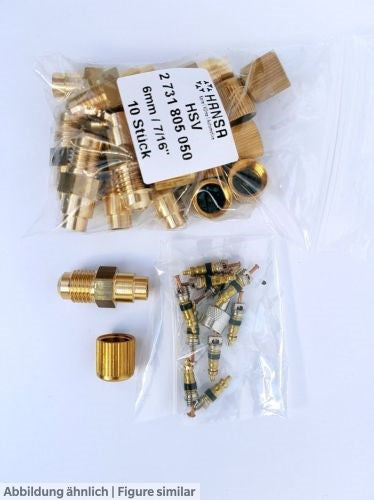 Lötstutzen HSV 7/16" UNF x 6/8/10mm mit Schraderventileinsatz und Kappe