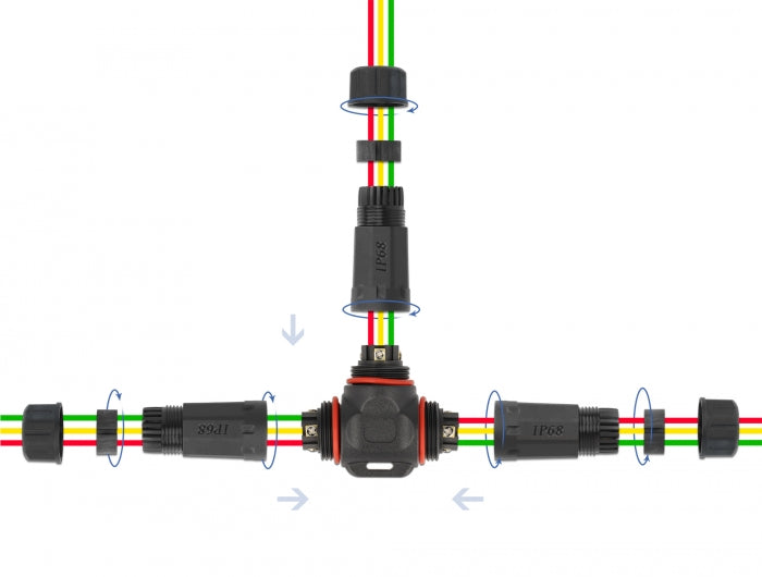 Delock Kabelverbinder T-Form für Außenbereich 3 Pin, IP68 wasserdicht, schraubbar, Kabeldurchmesser 4,5 - 7,5 mm schwarz