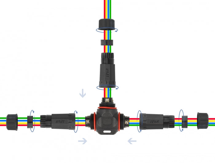 Delock Kabelverbinder T-Form für Außenbereich 4 Pin, IP68 wasserdicht, schraubbar, Kabeldurchmesser 4,5 - 7,5 mm schwarz