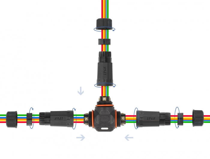 Delock Kabelverbinder T-Form für Außenbereich 5 Pin, IP68 wasserdicht, schraubbar, Kabeldurchmesser 4,5 - 7,5 mm schwarz