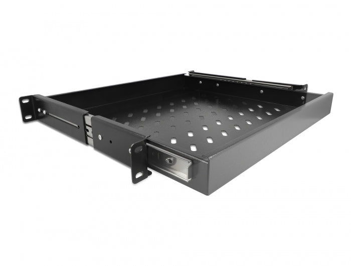 Delock 19″ Ausziehbare Schublade 1 HE, längenverstellbar bis 280 mm, Tiefe 345 mm, schwarz