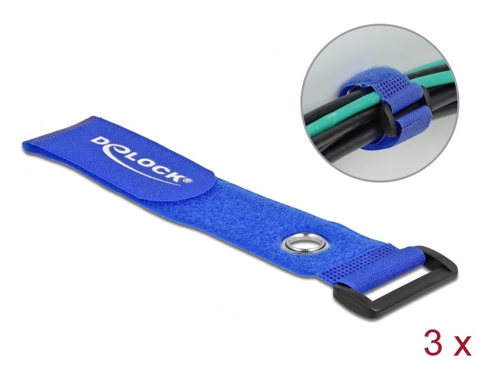 Delock Klett-Kabelbinder mit Schlaufe und Befestigungsöse L 280 x B 38 mm blau 3 Stück