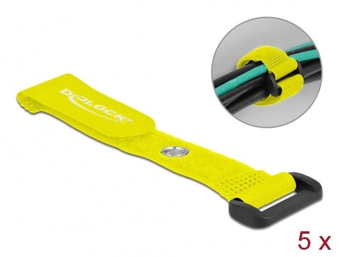 Delock Klett-Kabelbinder mit Schlaufe und Befestigungsöse L 150 x B 20 mm gelb 5 Stück