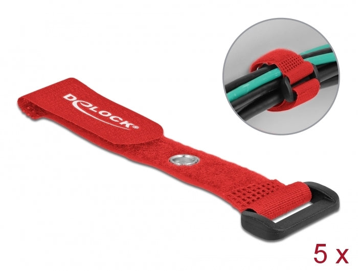 Delock Klett-Kabelbinder mit Schlaufe und Befestigungsöse L 150 x B 20 mm rot 5 Stück