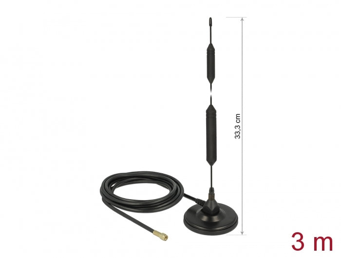 Delock GSM Antenne Quadband SMA Stecker 5 dBi starr omnidirektional mit magnetischem Standfuß und Anschlusskabel RG-58 3 m outdoor schwarz