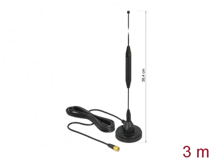 Delock GSM Antenne SMA Stecker 3,5 dBi starr omnidirektional mit magnetischem Standfuß und Anschlusskabel RG-174 3 m outdoor schwarz