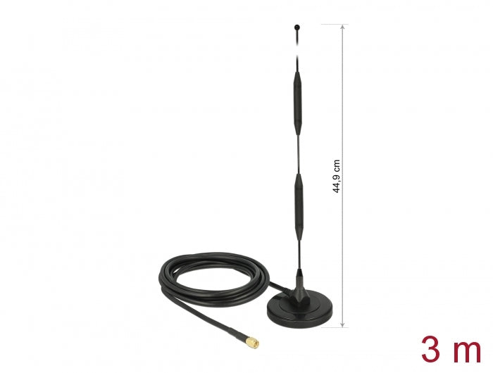 Delock LTE Antenne SMA Stecker 5 dBi 44,9 cm starr omnidirektional mit magnetischem Standfuß und Anschlusskabel RG-58 3 m outdoor schwarz
