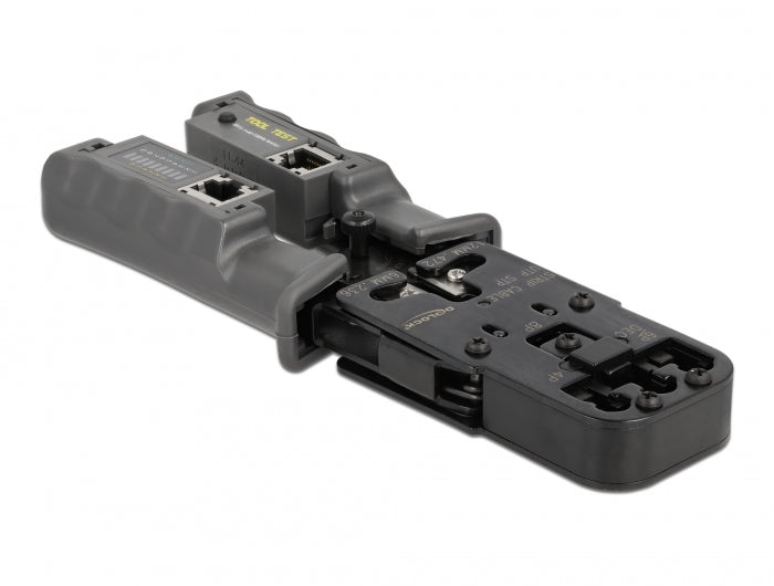 Delock Crimpzange mit Abisolierer und Netzwerktester für 8P (RJ45), 6P (RJ12/11), 6P DEC oder 4P (RJ10) Stecker