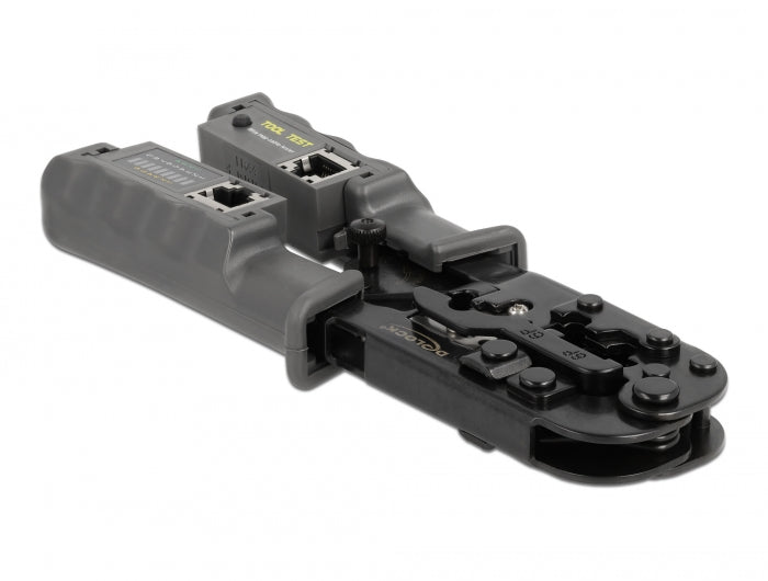 Delock Crimpzange mit Abisolierer und Netzwerktester für 8P (RJ45), 6P (RJ12/11) oder 4P (RJ10) Stecker
